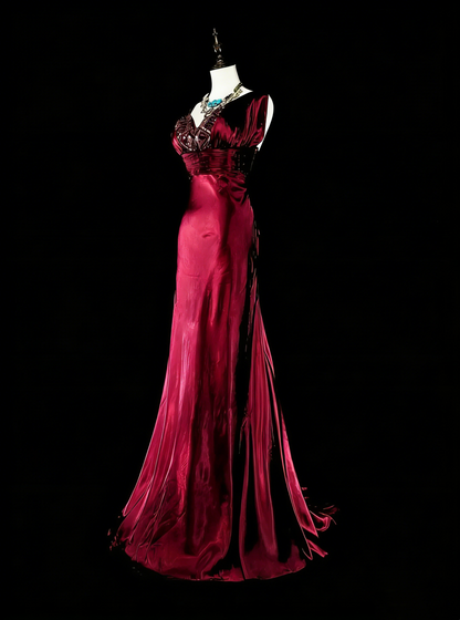 Vintage Mermaid V Neck Dark Red Burgundy Satin With Beadings Long Prom Gown Party Wear Fashion Dresses N1829