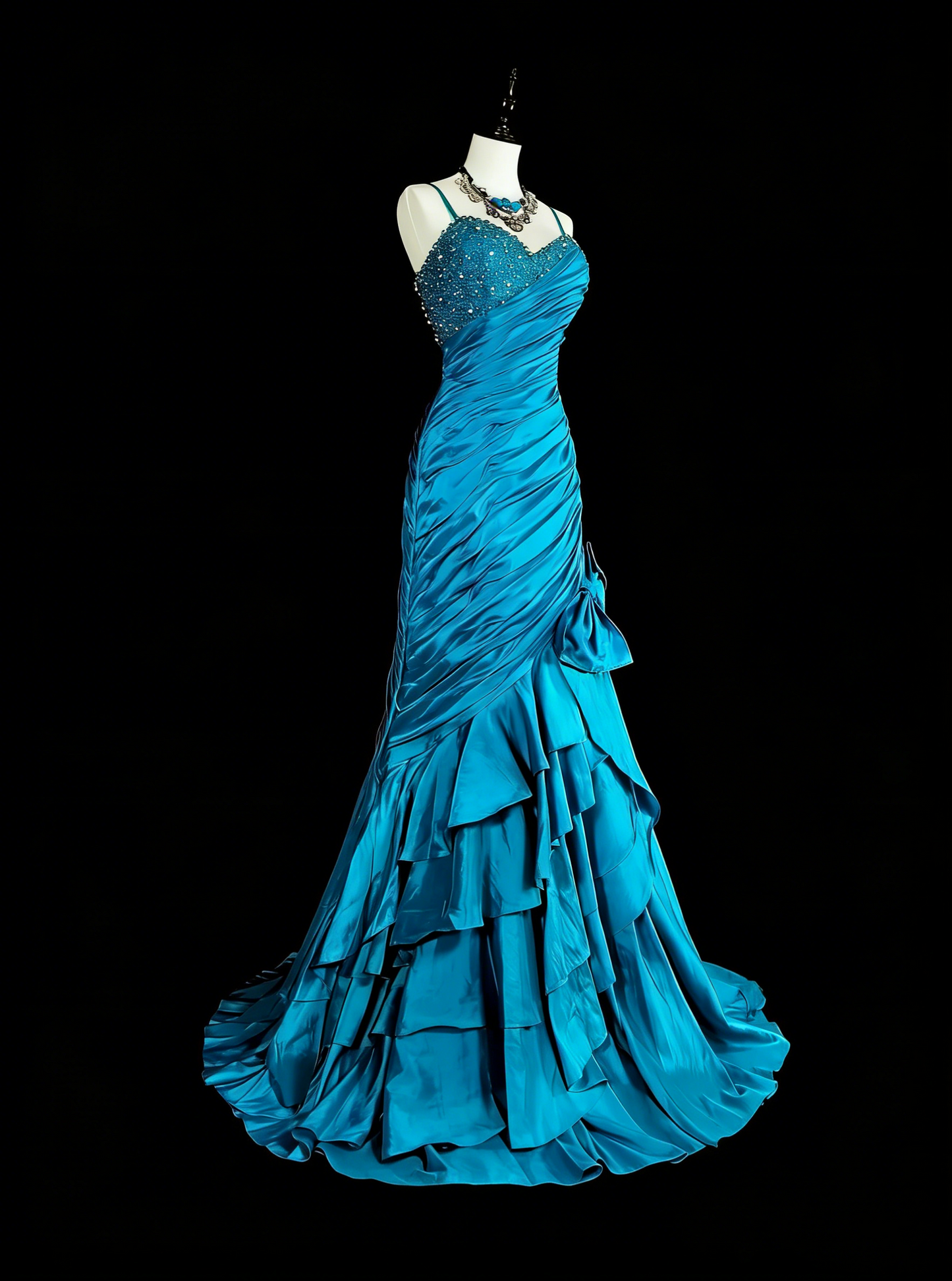 Vintage Prom Dresses Mermaid Spaghetti Strap Blue With Beading Pleated 1980s Long Formal Gown N2702