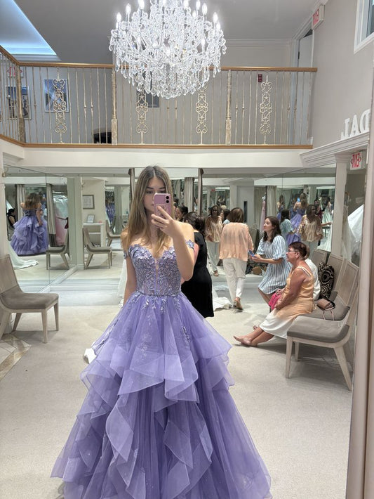 Modest Ball Gown Off The Shoulder Lilac Tulle Lace Prom Dresses With Sleeves Party Dress Evening Dresses AB1087