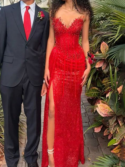 Red Strapless Beaded Fringe Waist Sequin Prom Dress with High Slit For Women AB1546