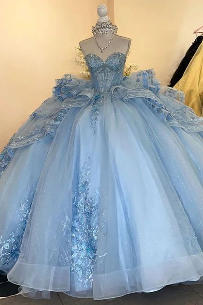 Unique Ball Gown Sweetheart Blue Tulle With Multi Layered Long Prom Quinceanera Dresses Sweet 15 16 Birthday Gown AB1237