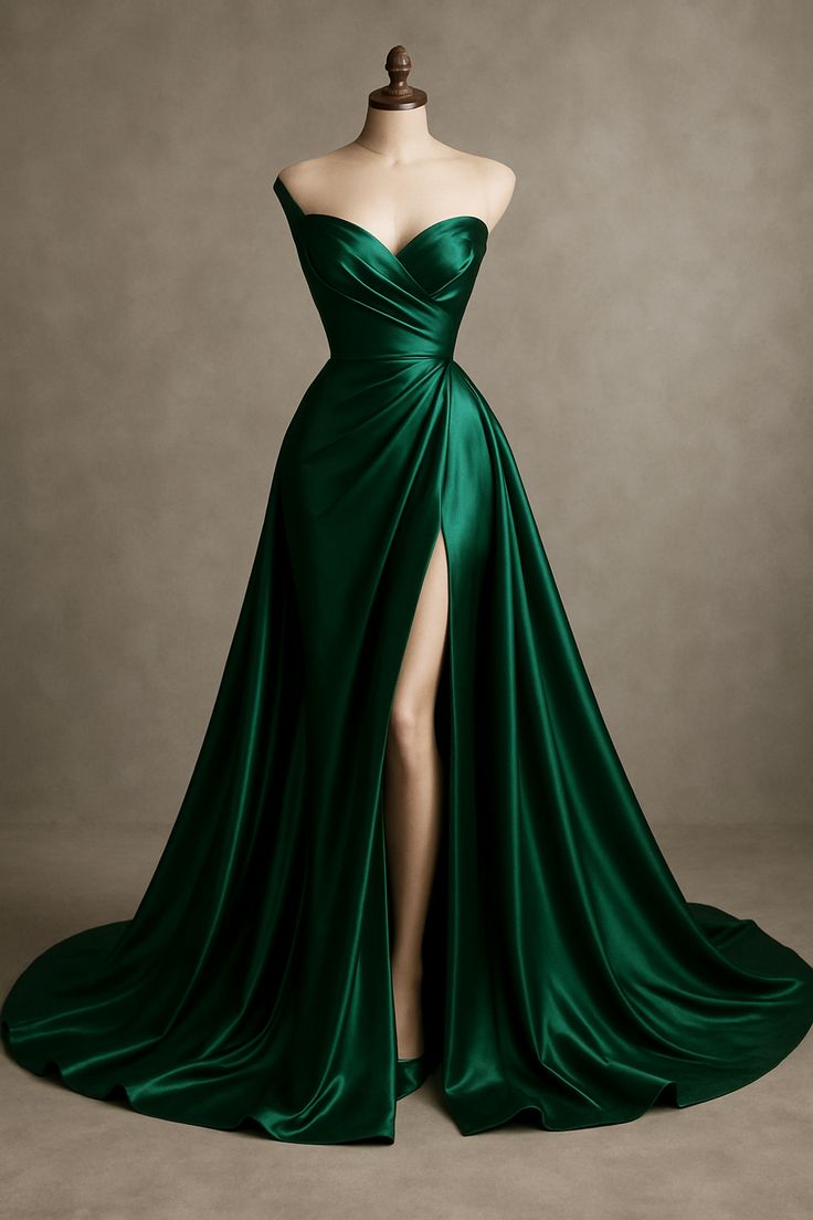 Modest A Line One Shoulder Green With Slit Satin Prom Dresses Long Party Dress Evening Dresses AB1106