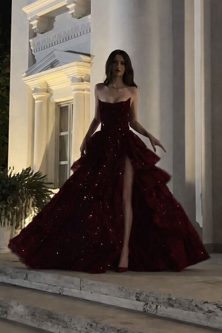 Sparkly Ball Gown Strapless Burgundy Prom Dresses Fashion Evening With Slit Sequin Long Formal Party Gowns N795