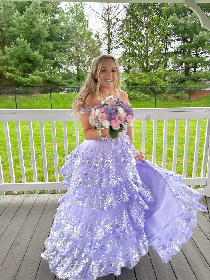 A-Line Lace Off-the-Shoulder Tiered Long Prom Dress with Slit Formal Evening Gowns AB501