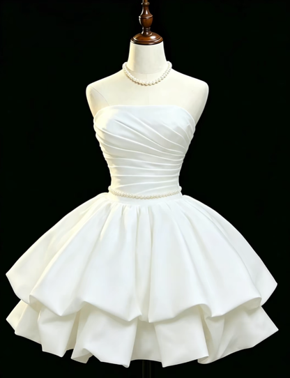 Unique Ball Gown Strapless Satin Little White Dress University Ideas Homecoming Dresses Inspo Short Hoco Court Gowns RB7177