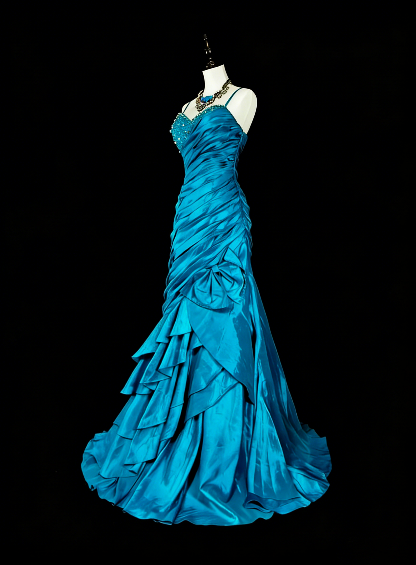 Vintage Prom Dresses Mermaid Spaghetti Strap Blue With Beading Pleated 1980s Long Formal Gown N2702