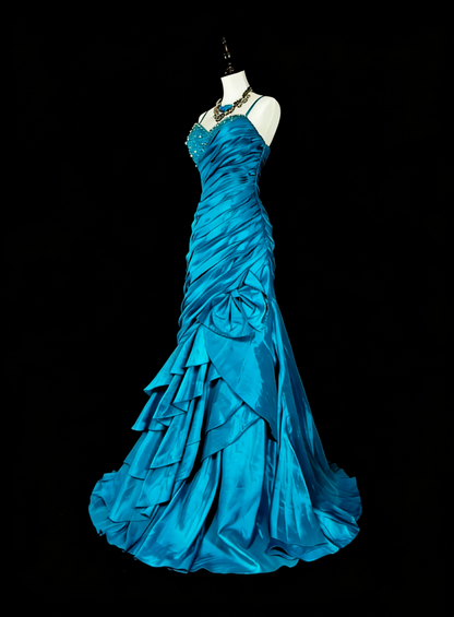 Vintage Prom Dresses Mermaid Spaghetti Strap Blue With Beading Pleated 1980s Long Formal Gown N2702
