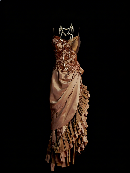 Chic Mermaid Asymmetrical Spaghetti Strap Brown Satin With Beads Senior Prom dresses High School Long Formal Dress N1255