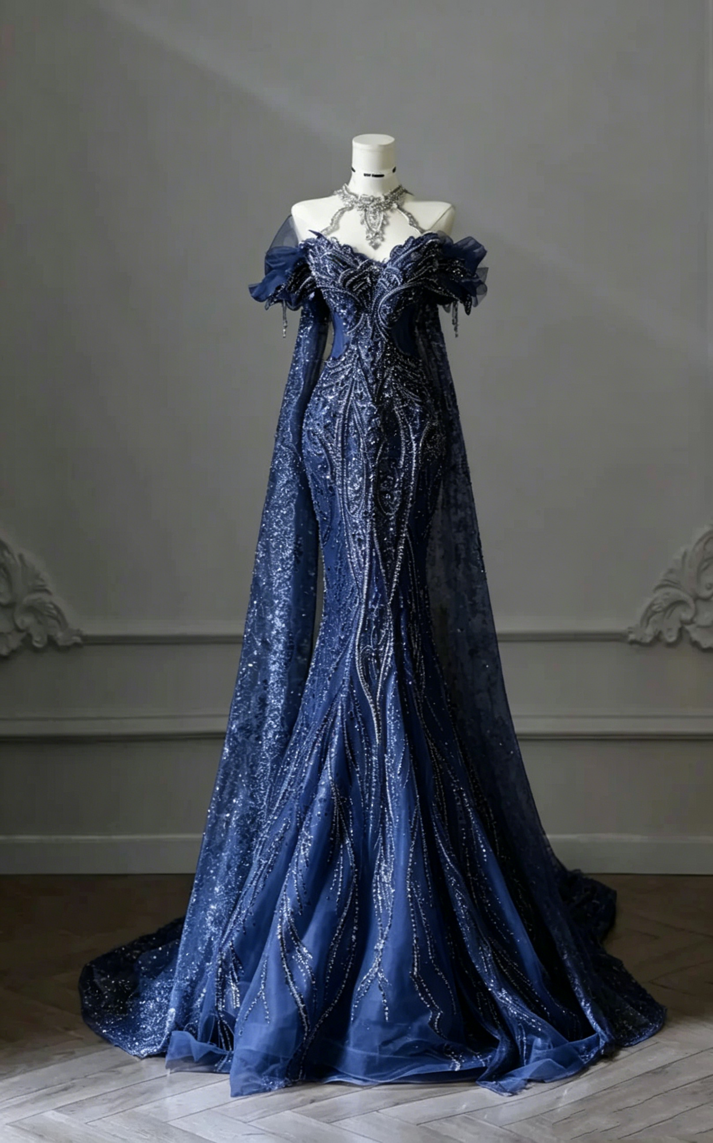 Luxury Mermaid Off The Shoulder Silver Blue Beaded Fitted Tulle Corset Wedding Dress Long Bridal Gown Wedding Dresses DH3058