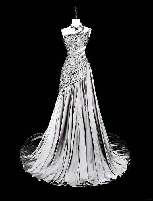 Vintage Prom Dresses Aesthetic Mermaid One Shoulder Grey Taffeta Classic Inspo With Crystals Gem Dress N1999