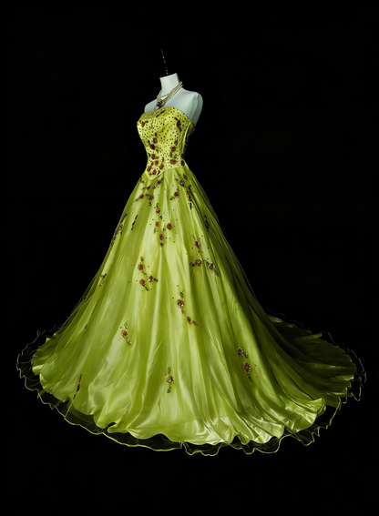 Chic Ball Gown Strapless Green Tulle With Beaded Long College Formal Outfit Prom Graduation Dresses For Teens N1379