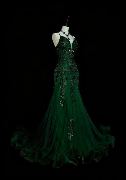 Vintage Mermaid Halter Dark Green 90s With Lace Beaded Long Summer Prom Dresses Senior High Schools Formal Party Dress N1425
