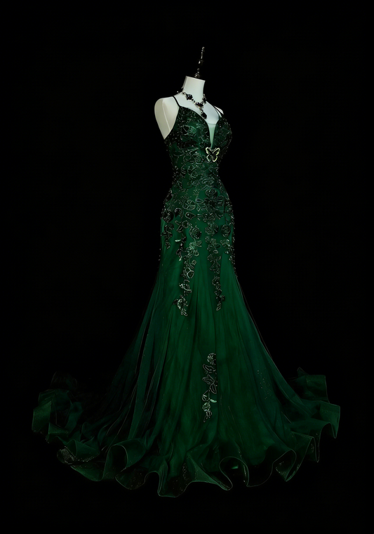 Vintage Mermaid Halter Dark Green 90s With Lace Beaded Long Summer Prom Dresses Senior High Schools Formal Party Dress N1425