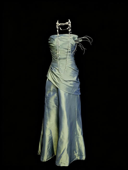 Modest Night Aesthetic Mermaid Strapless Green Satin College Formal Outfit Long Prom Graduation Dresses For Teens N1147