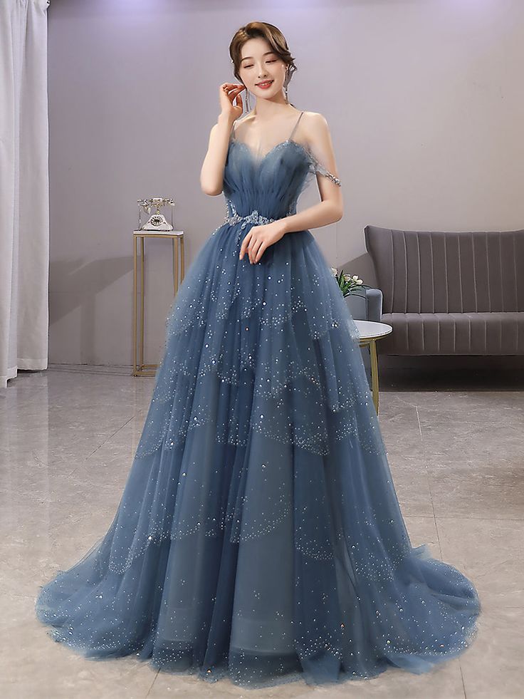 Gorgeous Blue Sparkly Tulle Beaded Prom Dress, Tiered Formal Gown with Rhinestone Party Gowns AB2197