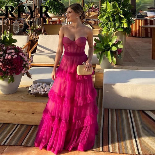 Graceful Ball Gown Sweetheart Hot Pink Tulle Sleeveless Pleated Prom Dress Formal Evening Dress Party Gowns AB431
