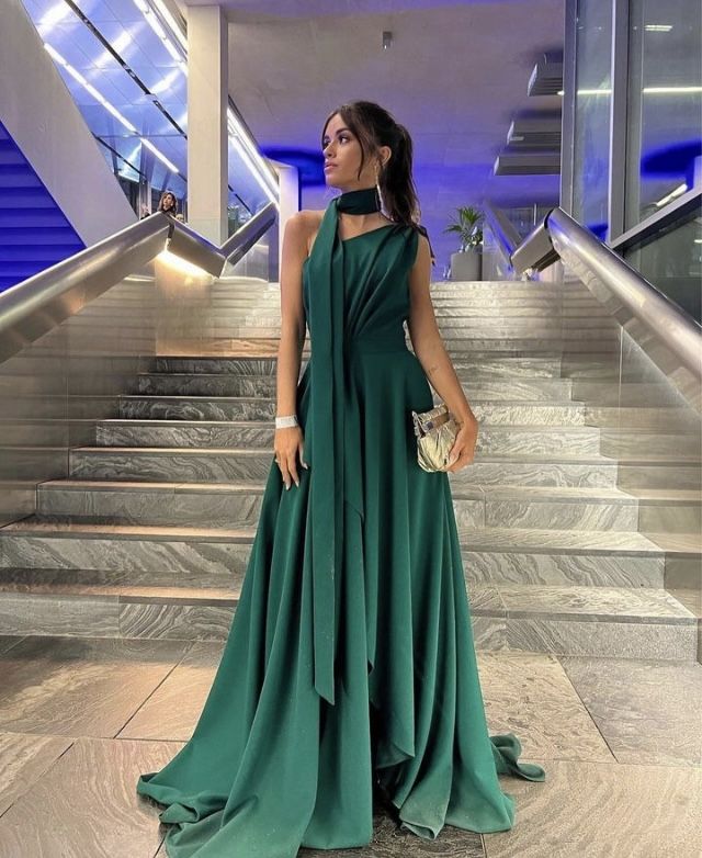 Elegant One Shoulder With Scarf Prom Dress A-Line Tulle Sleeveless Evening Dress Dark Green Formal Party Gowns AB441
