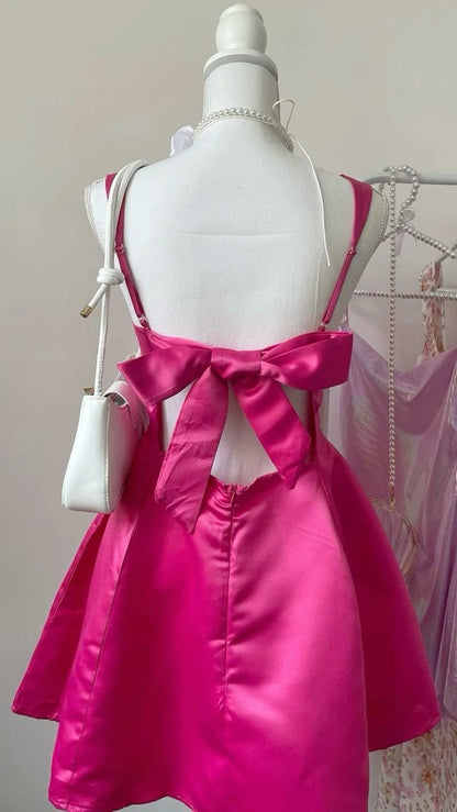 Elegant A Line Straps Pink Backless Short Satin 16th Birthday Dress Hoco Dresses N1926