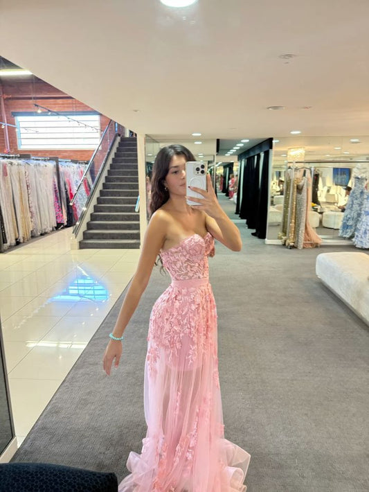 Cute A Line Sweetheart Pink Lace Long Prom Dresses Inspiration Evening Gowns For Women Formal Party Dress AB1284