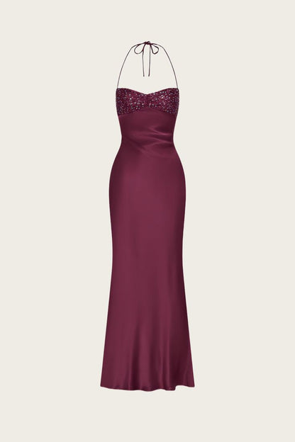 Sexy Mermaid Halter Burgundy With Beaded Inspo Formal Party Gowns Long Prom Dresses AB1745