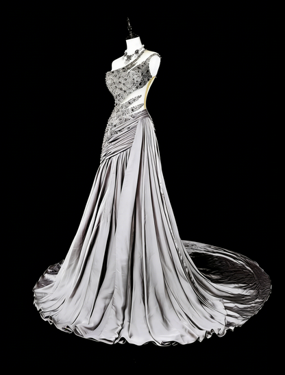 Vintage Prom Dresses Aesthetic Mermaid One Shoulder Grey Taffeta Classic Inspo With Crystals Gem Dress N1999