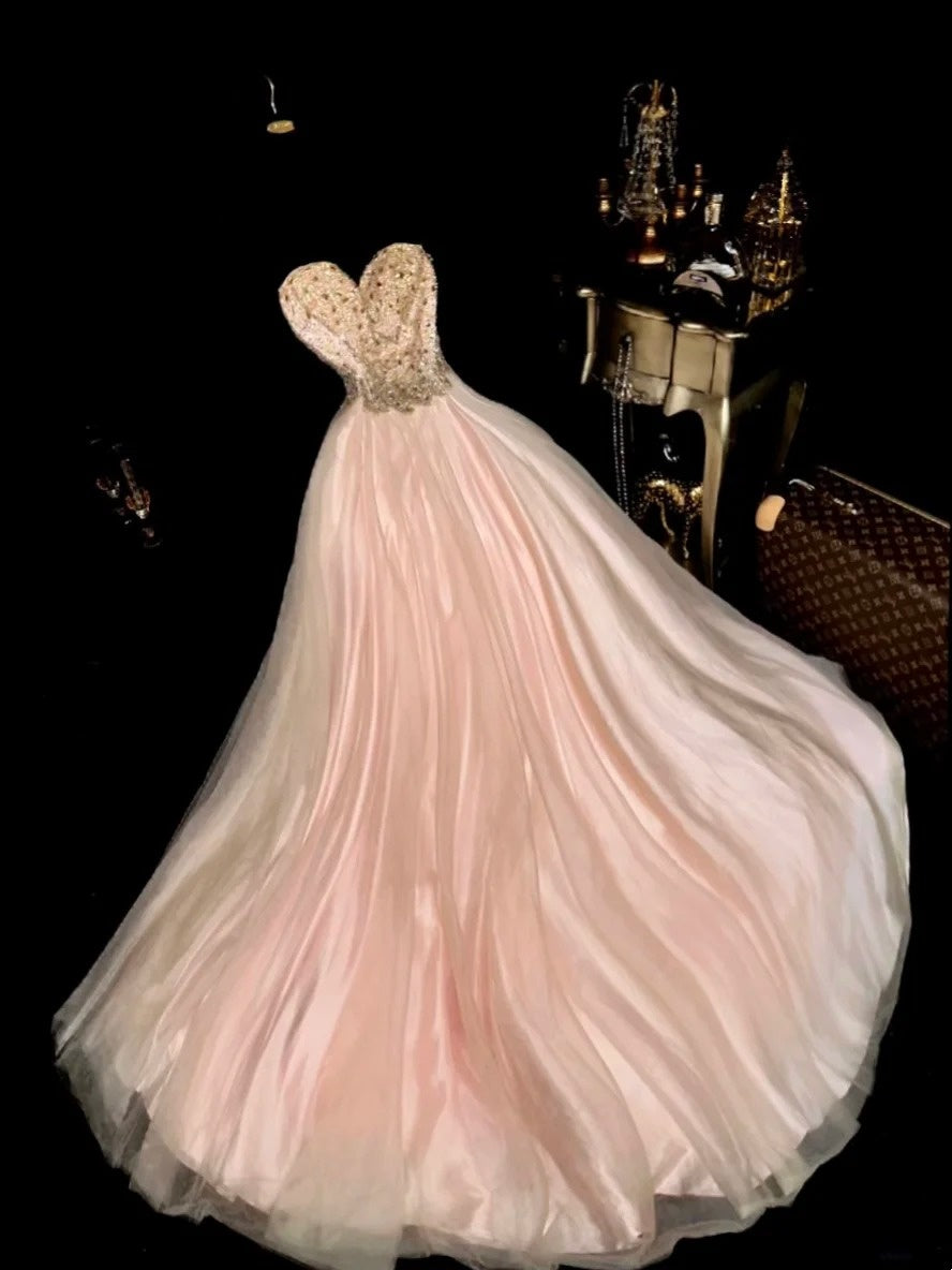 Elegant A Line Sweetheart Pink Tulle With Beading Long Prom Dresses Formal Outfits Evening Night Dress RB8257