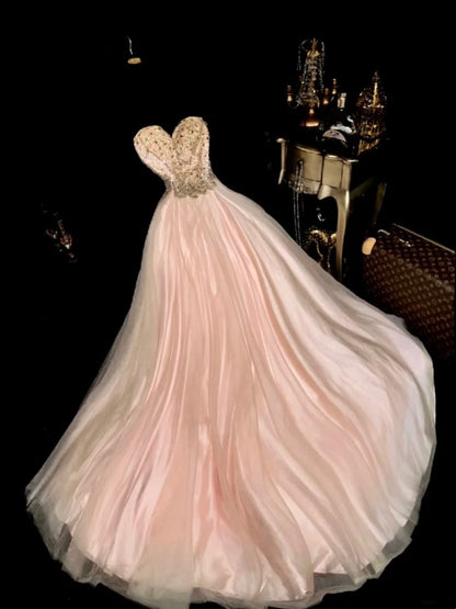 Elegant A Line Sweetheart Pink Tulle With Beading Long Prom Dresses Formal Outfits Evening Night Dress RB8257
