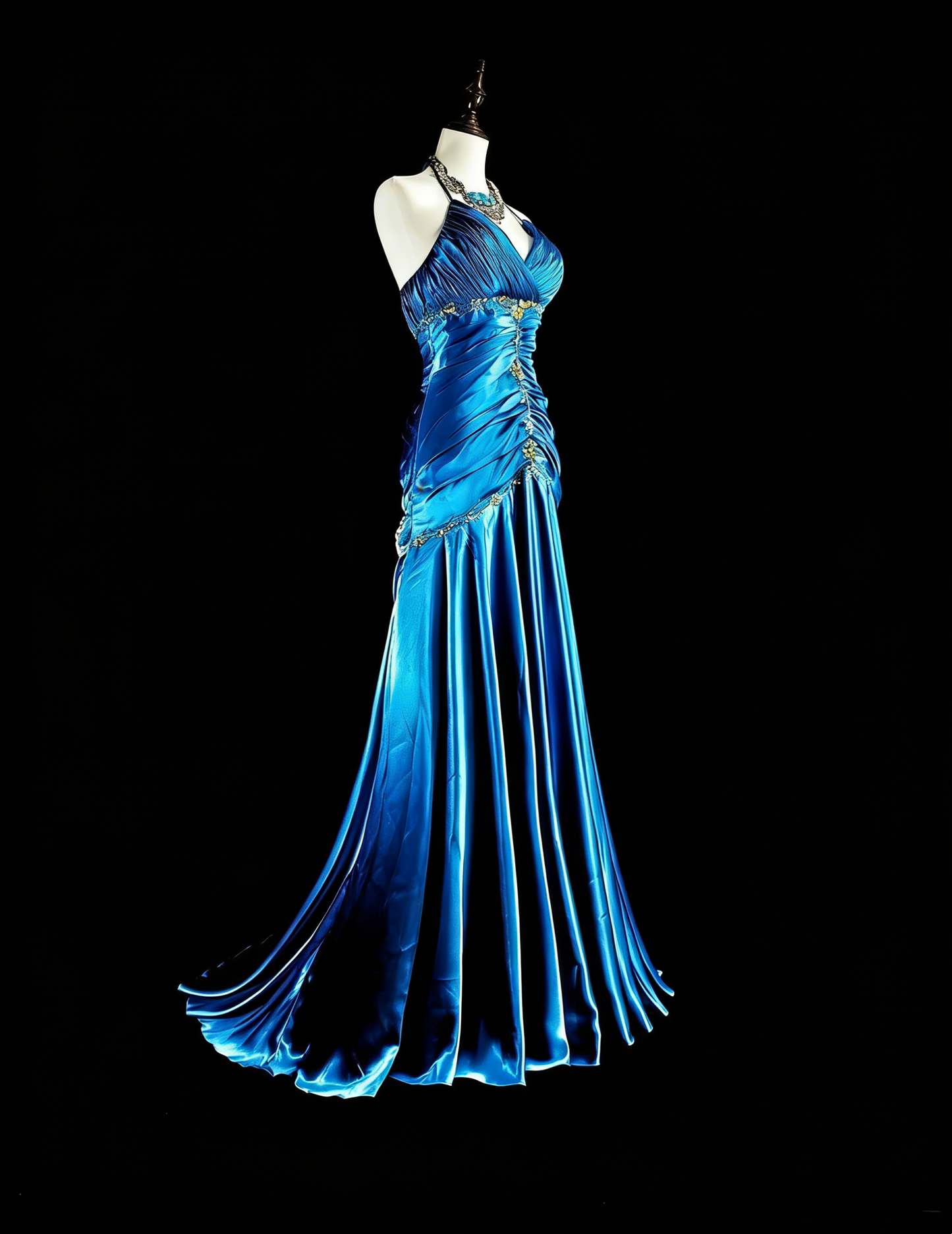 Vintage Prom Dresses Mermaid Halter Blue Satin With Beads Long Formal Dress N2378