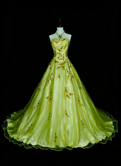 Chic Ball Gown Strapless Green Tulle With Beaded Long College Formal Outfit Prom Graduation Dresses For Teens N1379