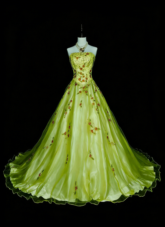 Chic Ball Gown Strapless Green Tulle With Beaded Long College Formal Outfit Prom Graduation Dresses For Teens N1379