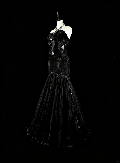 Vintage Prom Dresses Aesthetic Mermaid Sweetheart Black Tulle With Appliques Long Formal Dress N2157