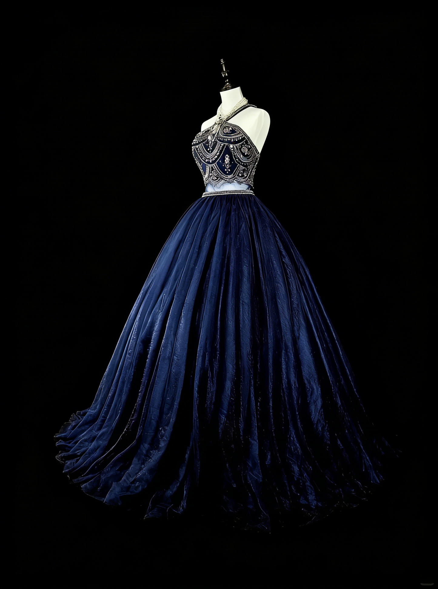 Vintage Ball Gown High Neck Navy Blue Tulle With Beadings Sleeveless 70s Prom Dresses Long Formal Party Gown N1485