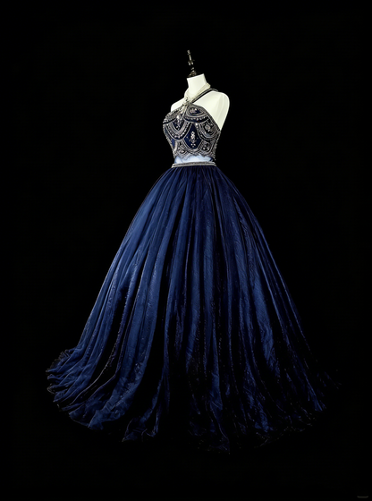 Vintage Ball Gown High Neck Navy Blue Tulle With Beadings Sleeveless 70s Prom Dresses Long Formal Party Gown N1485