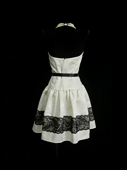 Unique A Line Strapless Ivory Satin With Black Lace Inspo 2000s Hoco Gowns Inspo Homecoming Dresses N1444