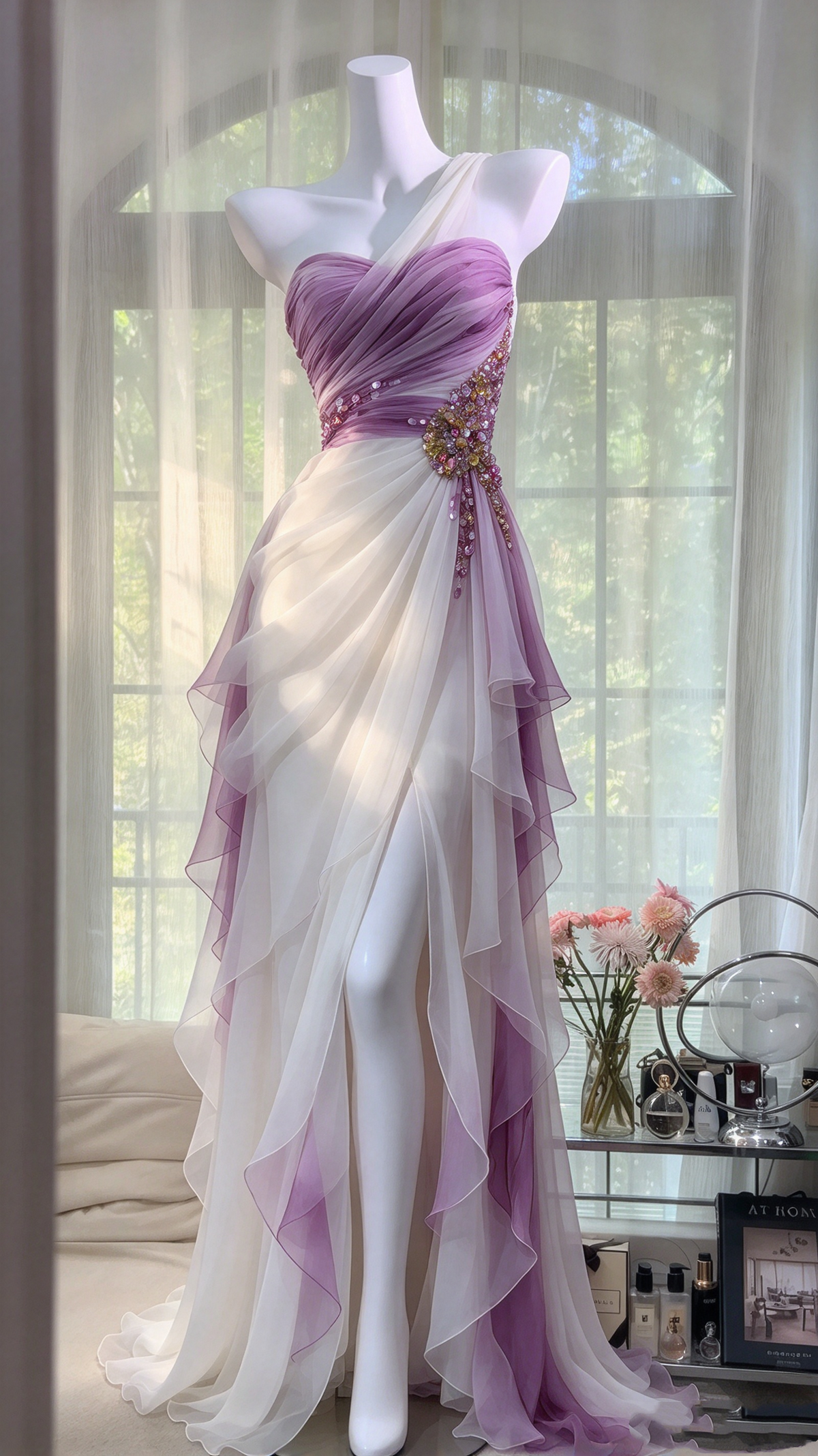 Stunning Prom Dresses Mermaid One Shoulder Lilac White Chiffon With Beading Split Long Formal Dress RC1253