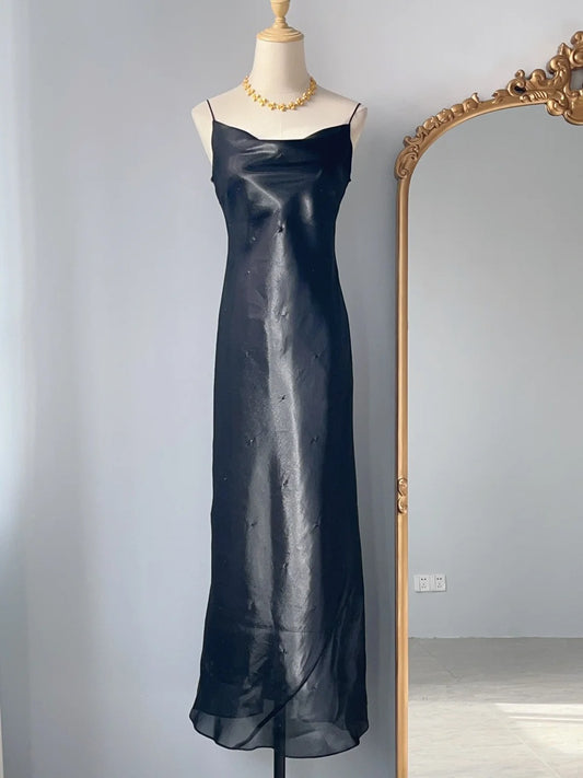 Vintage Sheath 90s Spaghetti Straps Black Tie Dress Long Prom Dresses Formal Outfits RB3930