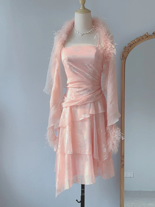 Retro A line Spaghetti Strap Pink Tea Length Prom Dresses Formal Party Outfits RB3915