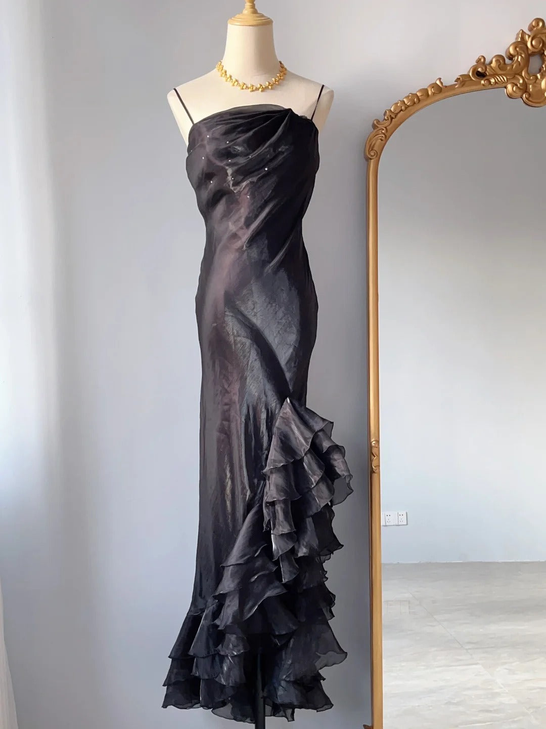 Vintage Sheath 90s Spaghetti Straps Black Tie Dress Long With Ruffles Prom Dresses Formal Outfits RB3929