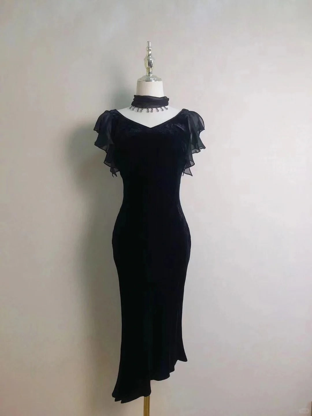 Retro Sheath V Neck Black Tie Dress Chiffon Tea Length Prom Dresses Formal Party Outfits RB3922