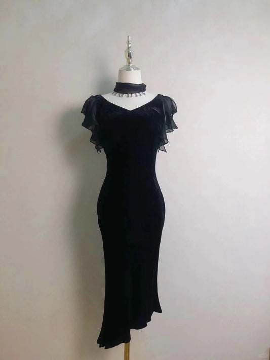 Retro Sheath V Neck Black Tie Dress Chiffon Tea Length Prom Dresses Formal Party Outfits RB3922