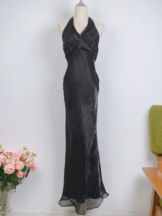 Vintage Sheath 90s Halter Black Tie Dress Long With Ruffles Prom Dresses Formal Outfits RB3928