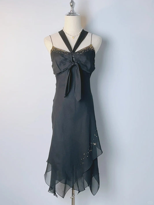 Retro A line Halter Black Tie Dress Chiffon Tea Length Prom Dresses Formal Party Outfits RB3921