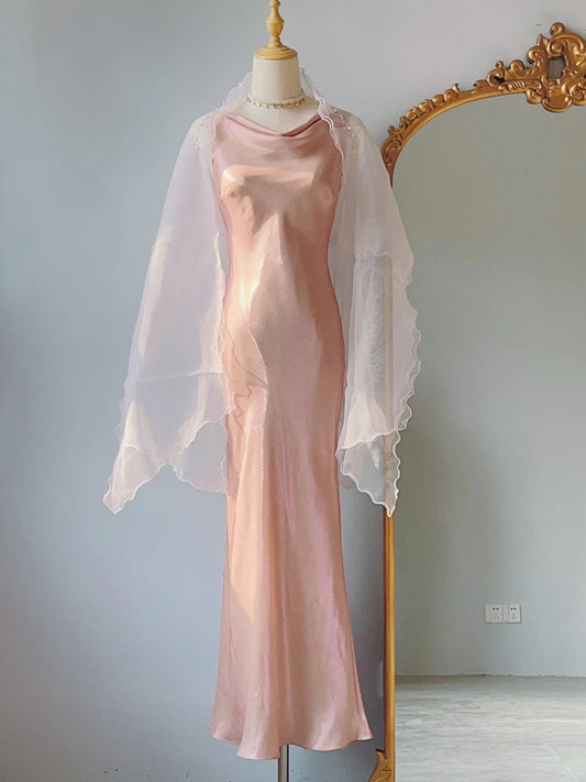 Vintage Mermaid Blush Pink Cowl Neck Long With Ruffles Prom Dresses Formal Outfits RB3912