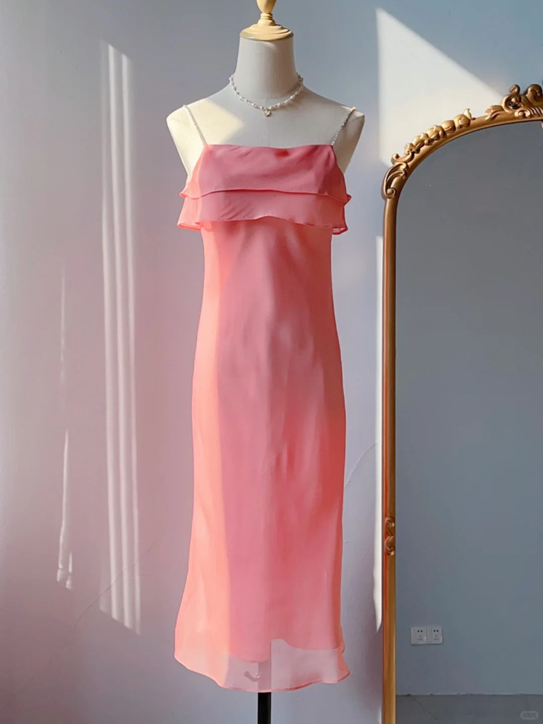 Retro Sheath Spaghetti Straps Coral Pink Tea Length Prom Dresses Formal Party Outfits RB3919