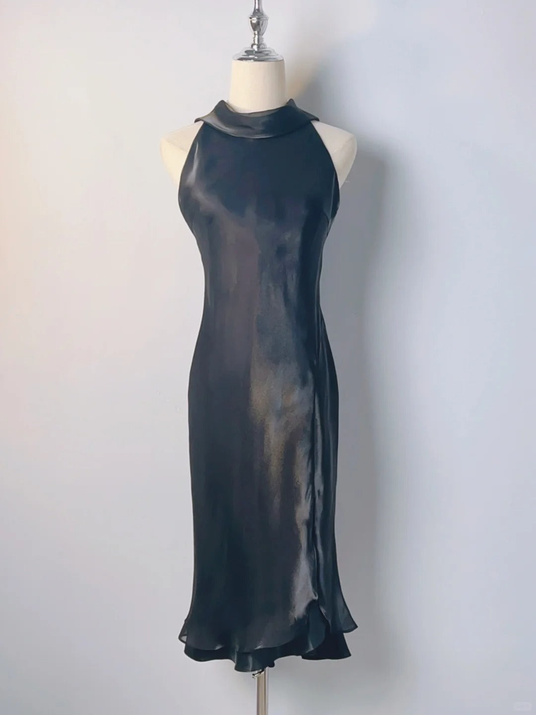 Vintage Mermaid Black High Neck Tea Length With Ruffles Prom Dresses Formal Outfits RB3926
