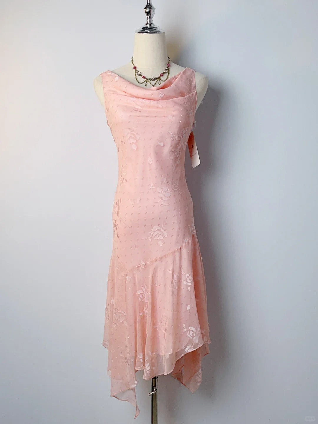 Retro Mermaid Cowl Neck Lace Pink Tea Length Prom Dresses Formal Party Outfits RB3918