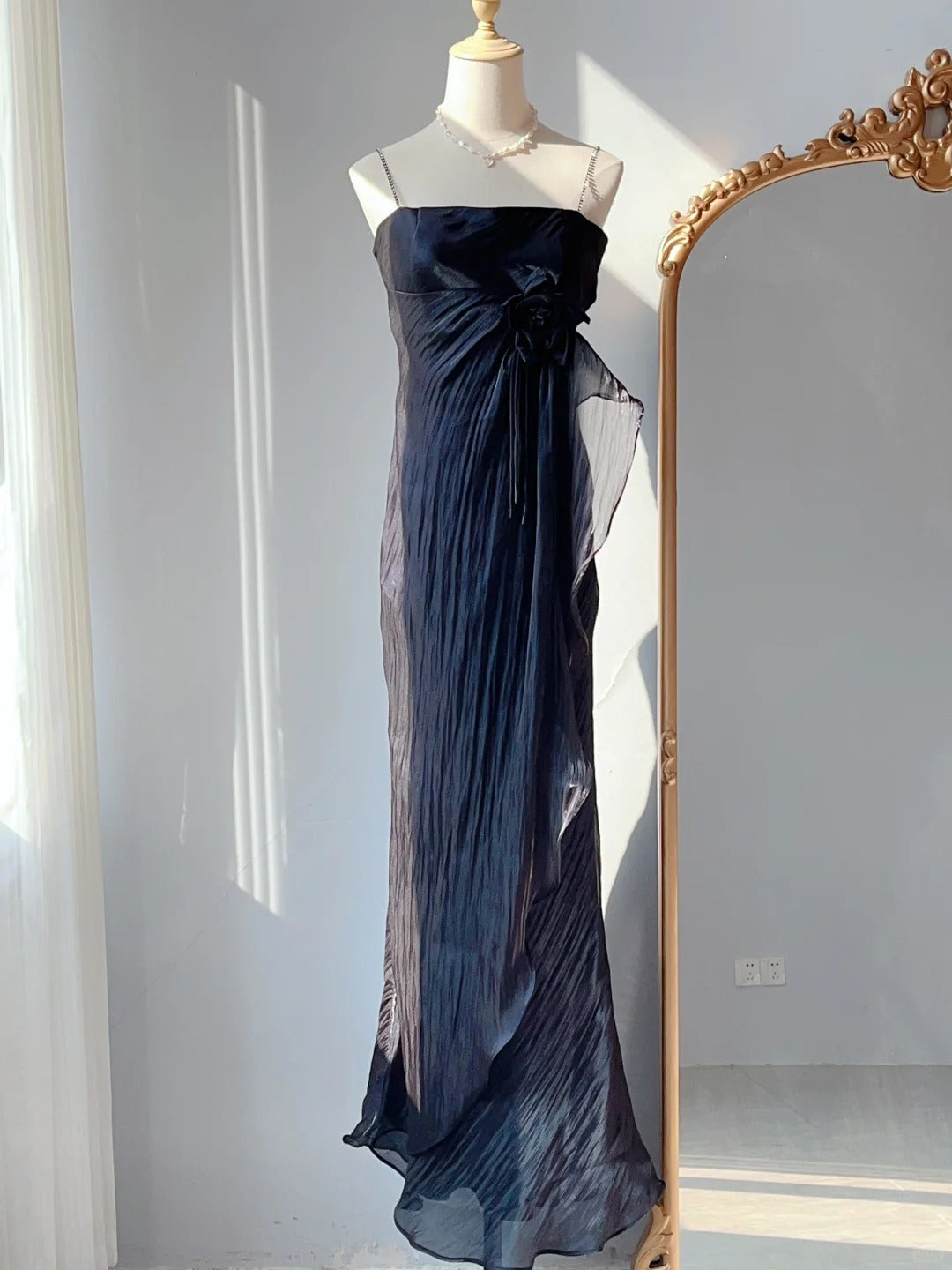 Vintage Sheath 70s Spaghetti Straps Black Tie Dress Long Prom Dresses Formal Outfits RB3931