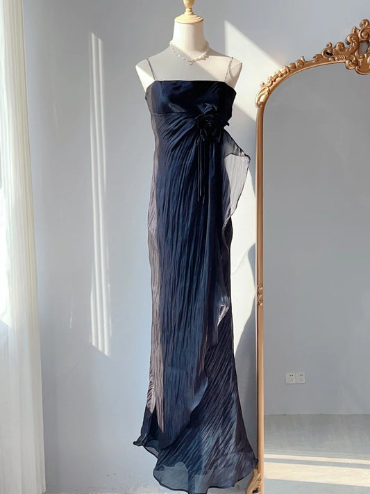 Vintage Sheath 70s Spaghetti Straps Black Tie Dress Long Prom Dresses Formal Outfits RB3931