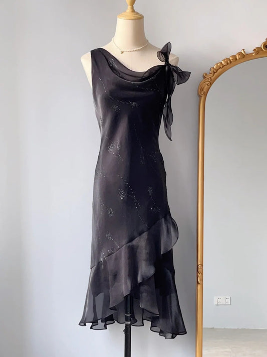 Vintage Sheath 80s Black Tie Dress Ankle Length With Ruffles Prom Dresses Formal Outfits RB3923