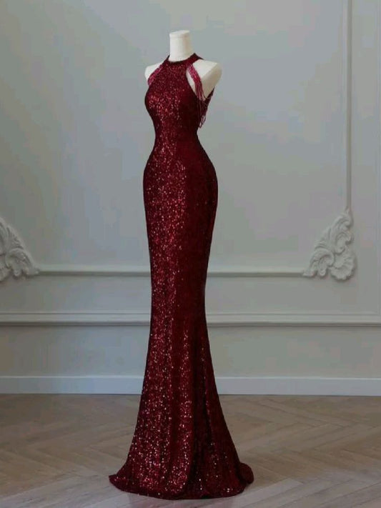 Sparkly Sequin Mermaid High Neck Burgundy Sequin With Beads Prom Dresses Inspiration Evening Gowns For Women Formal Party Prom Dress AB1191
